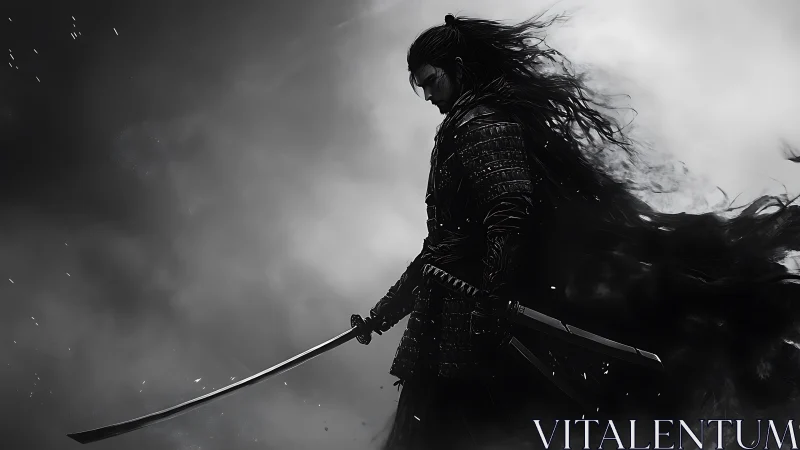 Lone dark samurai stands amid swirling storm clouds.