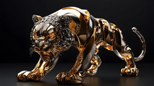 Luxurious golden and diamond tiger sculpture, hyper-realistic style.