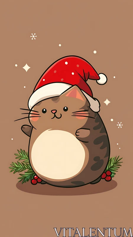 Chubby Christmas cat illustration with Santa hat and holly.