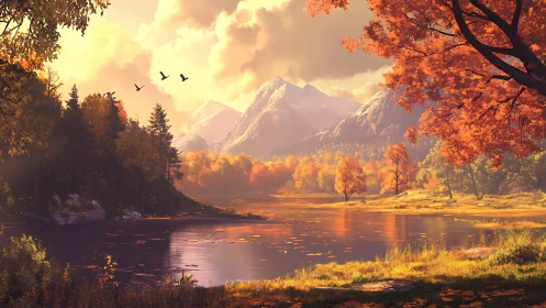 Sunlit alpine lake with volumetric autumn foliage and snow peaks