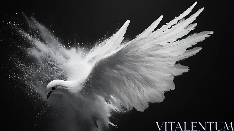 High-speed white dove impact dispersion on black background