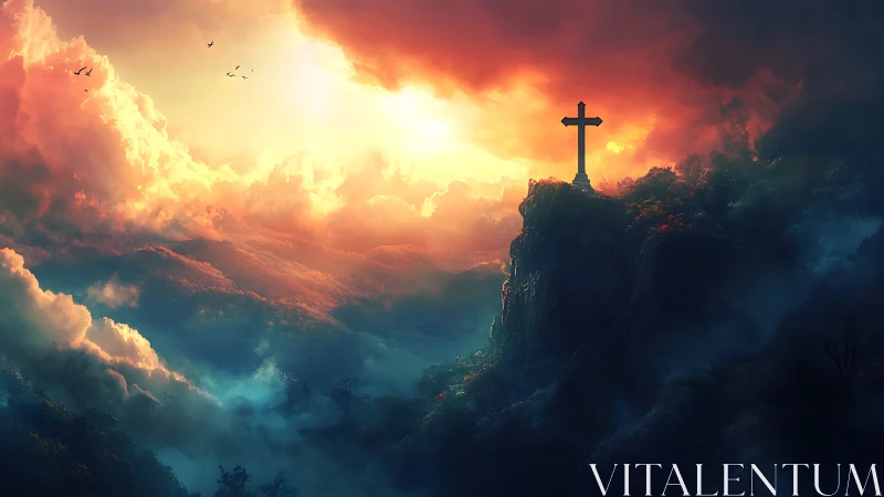 Sunrise blaze crowns a solitary cross above dreaming valley.