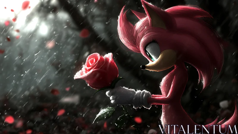 Pink hedgehog cradles glowing rose in rain-soaked silence.