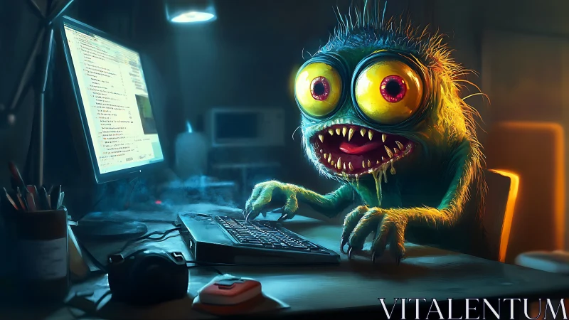 Bug-eyed coder monster hunches over glowing desktop keyboard