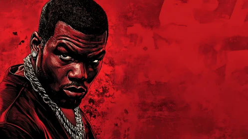 Stylized male portrait against textured red backdrop.