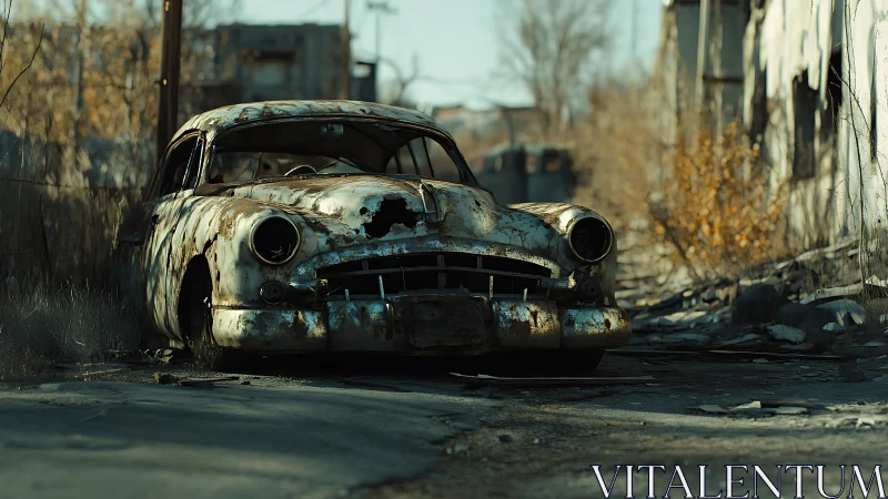 Rusting classic car in abandoned, overgrown urban street.