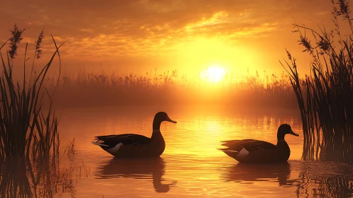 Two ducks move across a reflective wetland at sunrise