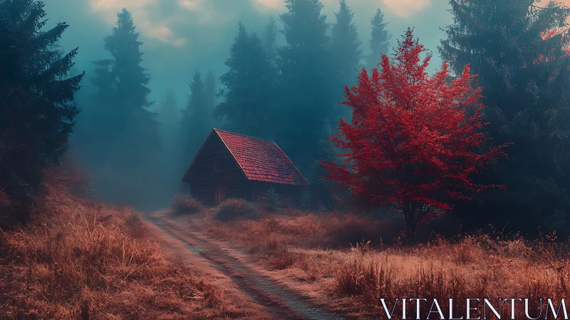 Forest cabin under crimson tree in misty autumn glow.