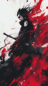 Brooding anime swordsman in explosive red ink storm.