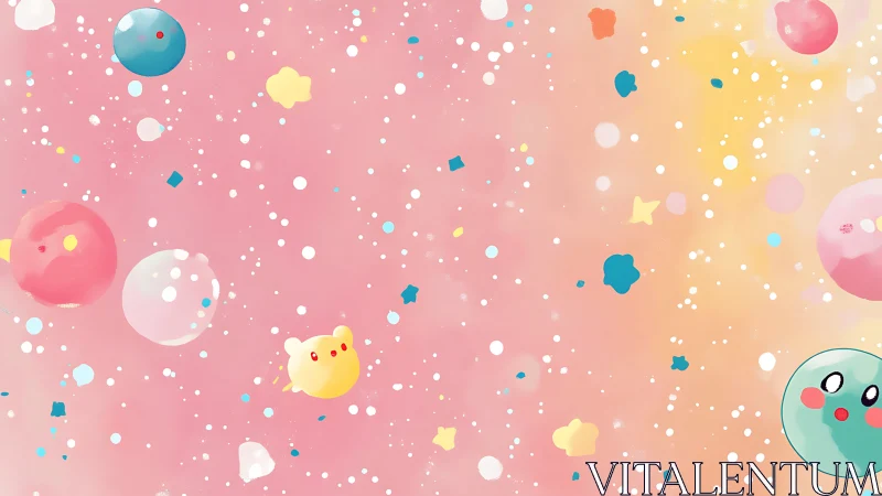 Soft pastel spacefield with floating kawaii orbs and confetti