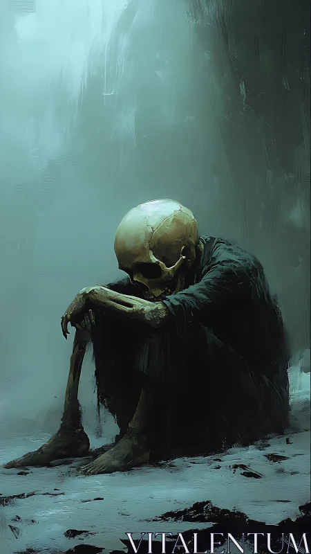 Solitary robed skeleton sits in a desolate frozen void