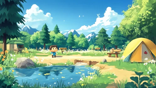 Stylized camping landscape depicts child explorer by forest pond