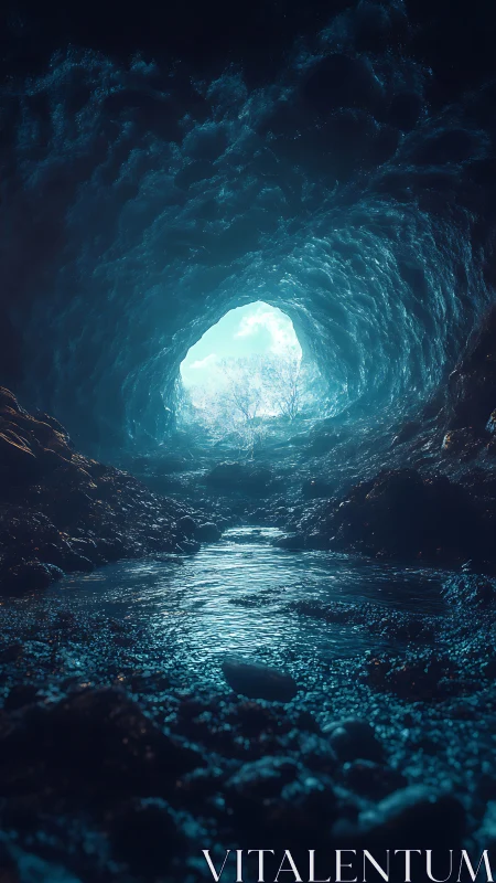 Subterranean glacial tunnel with reflective stream and skylight