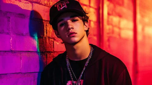 Urban teen in neon alleyway glows under vivid light.