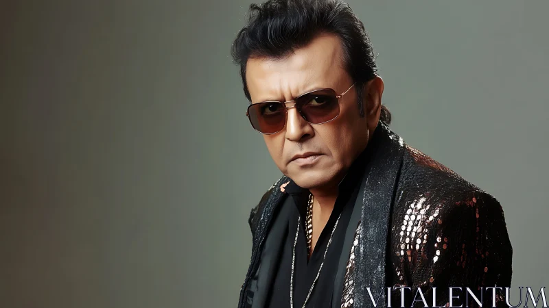 Stylish middle‑aged man poses in sequined black jacket.