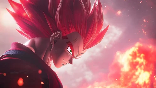 Anime warrior with red aura over blazing battlefield.