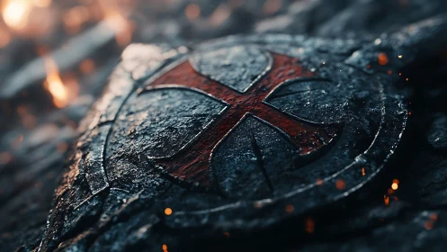 Weathered crusader emblem rests amid glowing battlefield embers.