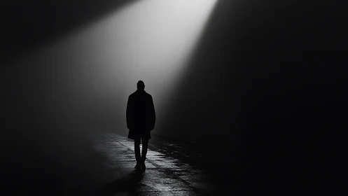 Solitary silhouette quietly negotiates a tunnel of poured light