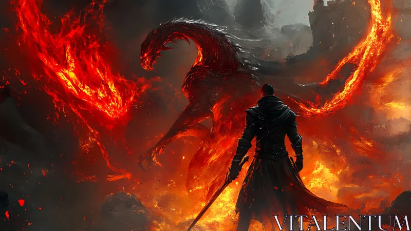 Lone warrior confronts infernal dragon amid a burning citadel