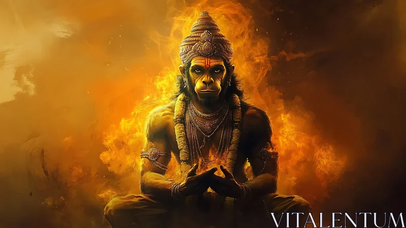 Simian-headed deity figure sits meditating amid intense flames