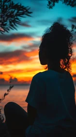 Silhouette in quiet contemplation beneath blazing sunset sky.