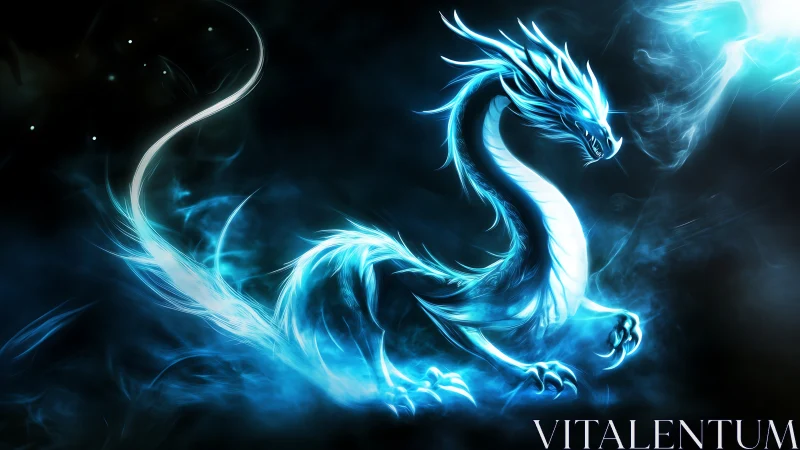 Luminous blue dragon in swirling ethereal energy cloud.