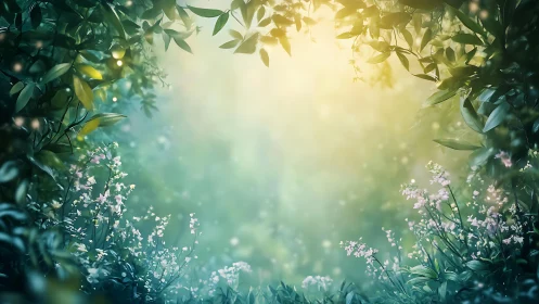 Sunlit Garden with White Flowers and Green Foliage.