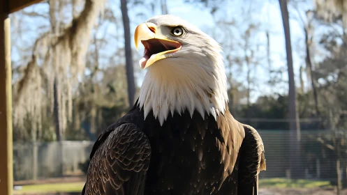Majestic Bald Eagle in Sunlight with Nature Background, Realistic Photo.