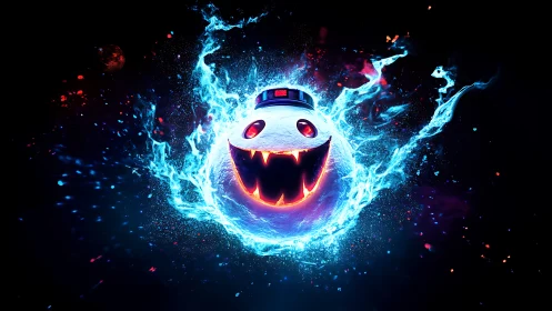 Glowing monster sphere bursts through blue energy ring.