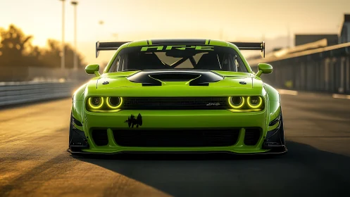 Lime green race-prepped coupe is centered on empty track