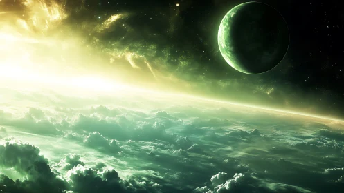 Green gas giant rises over glowing alien horizon in space.