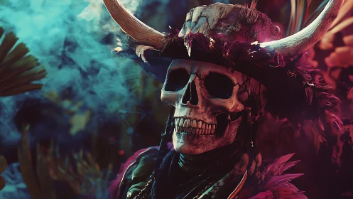 Horned skeletal shaman in neon smoke with cinematic lighting.