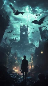 Stormlit gothic clocktower over lone wanderer at dusk.