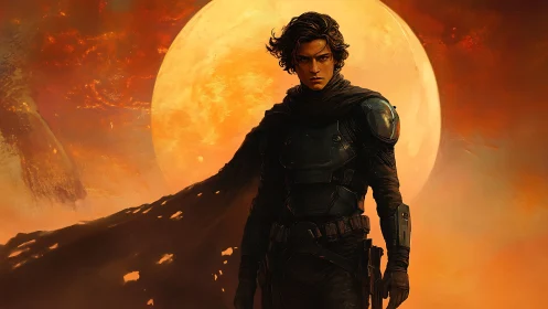 Lone space wanderer under a molten desert moonlit sky.