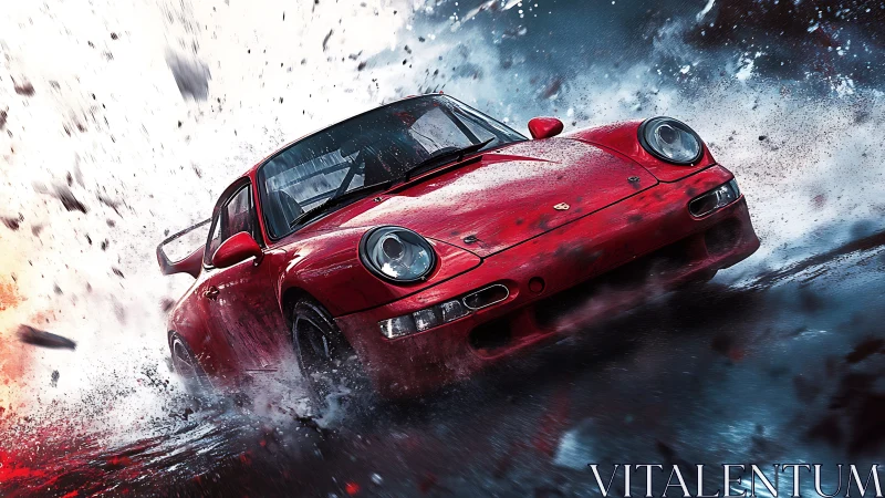Red sports car slicing through stormy spray in mid-drift.
