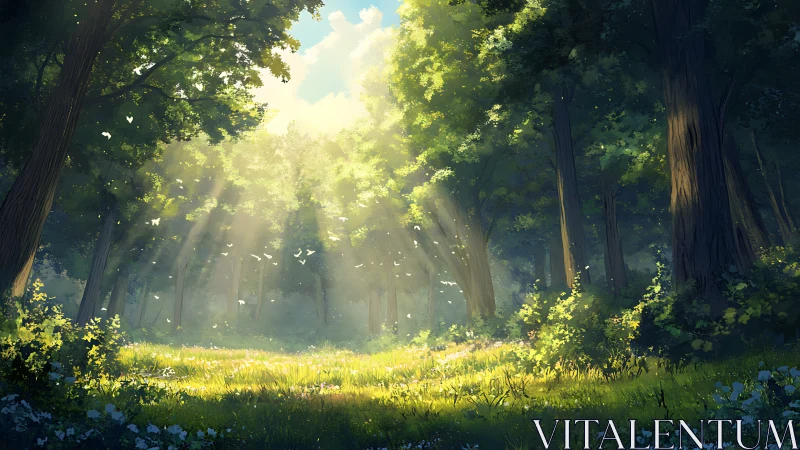 Sunlit Forest Clearing with Towering Trees and Ethereal Rays