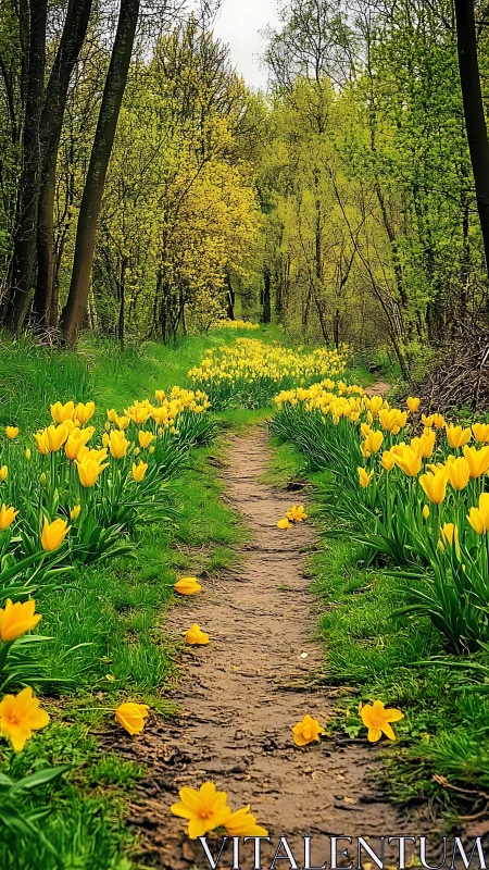Yellow tulip path winds through lush spring woodland.