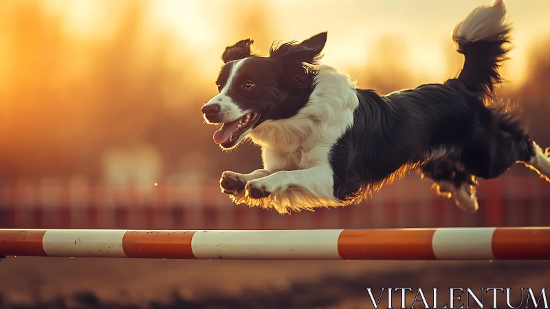 Joyful border collie soars over an agility jump at sunset