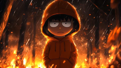 Stoic hooded child stands amid rain-swept forest inferno