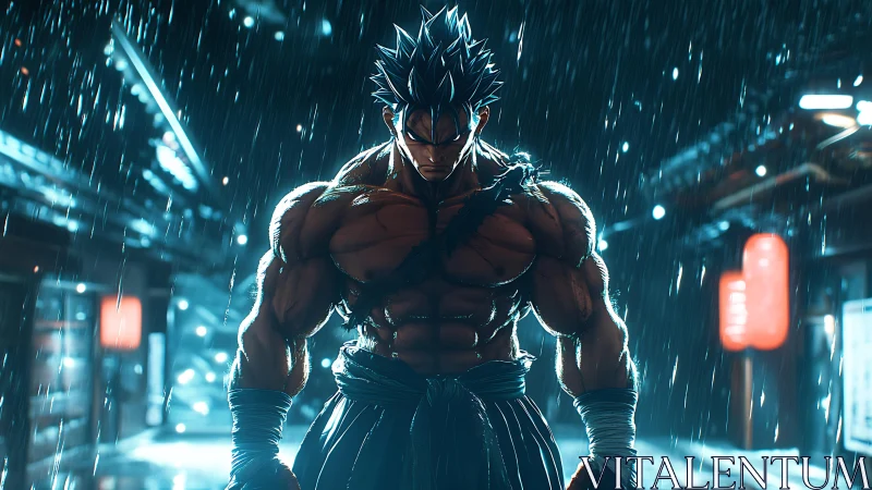 Stormlit street warrior pausing in the rain-drenched night.