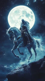 Moonlit rider on a rearing white horse welcomes the night