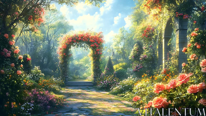 Digital painting of luminous rose arbor in formal garden.