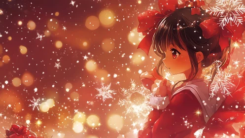 Anime girl in red amid glowing snowflake bokeh field.