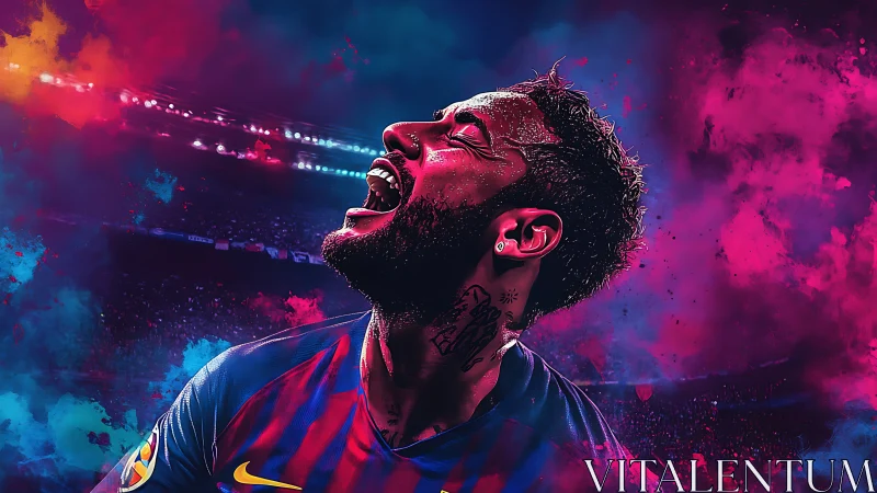 Explosive digital portrait of footballer amid neon color smoke