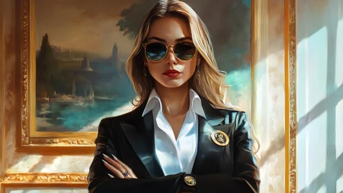 Woman in black blazer before framed landscape painting.