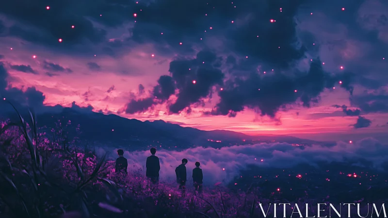 Soft twilight sky welcomes friends into a dreamy horizon