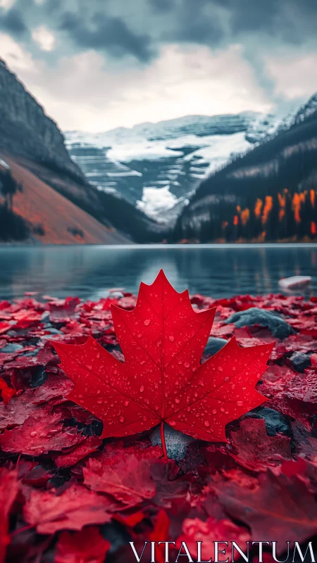 Red maple leaf anchors alpine lake under brooding sky.
