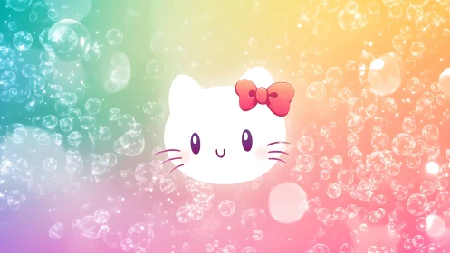 Chromatic bubble field with minimalist feline glyph centerpiece.