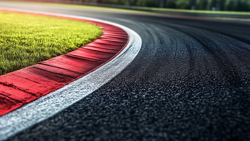 Sunlit racetrack curve with red rumble strip and grass edge