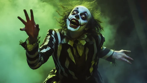 Sinister striped ghoul lunging through toxic green fog.